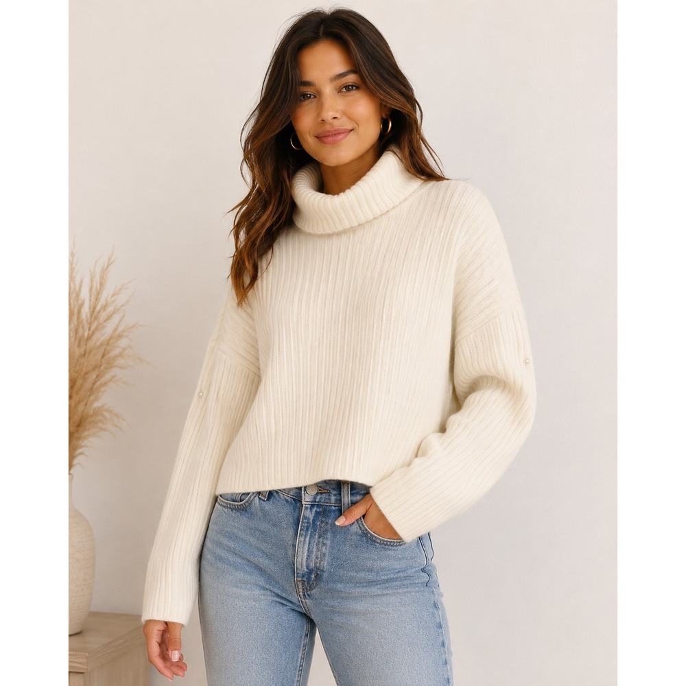 H&M Women Cream Ribbed Knit Turtleneck Sweater Drop Shoulder Long Sleeve Small